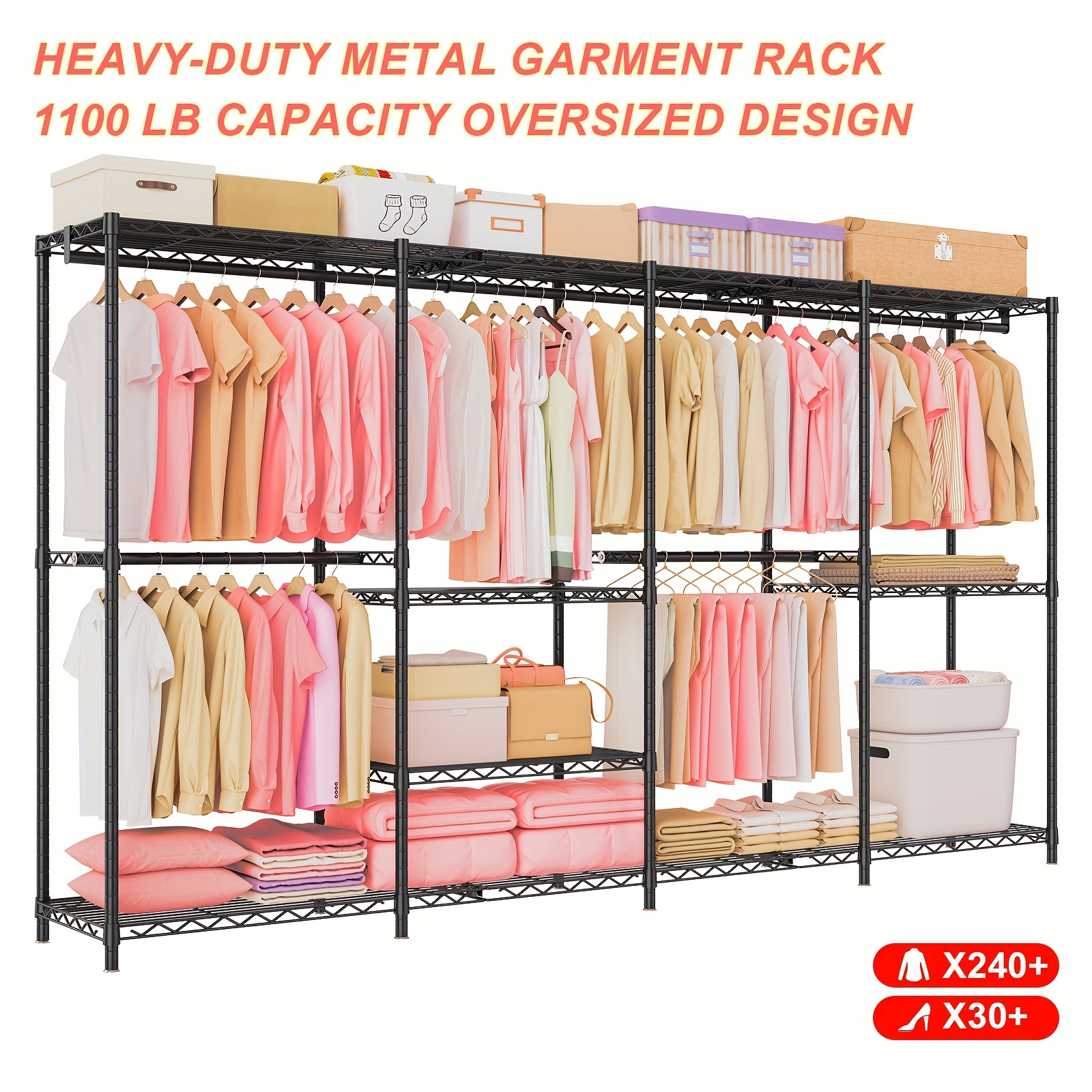 TEMU Ultra-large 4-column Wardrobe With Flexible Installation, 1100lbs Capacity Carbon Steel Closet 77" , Anti-tip Multi-scene Storage System,