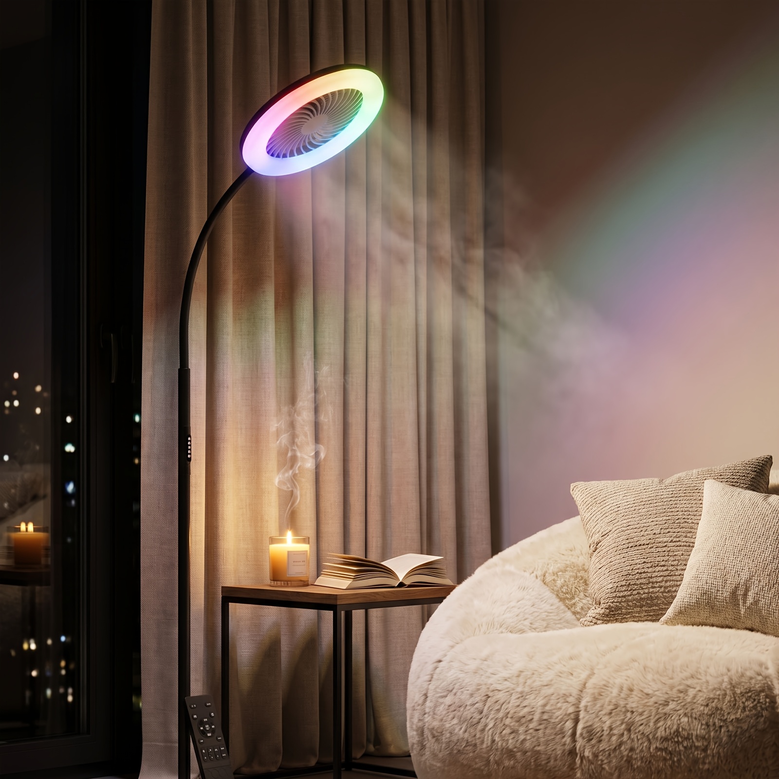 Lampe de sol LED avec ventilateur, ventilateur sur pied réglable en hauteur de 185 cm, lampe de sol RGB à col de cygne à intensité variable, télécommande avec 3 vitesses de vent pour salon, chambre à coucher, salle de lecture