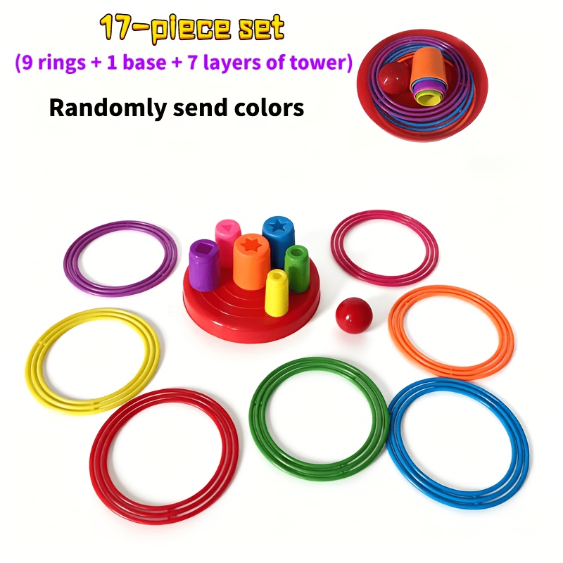 TEMU CotTibe Ensemble de 17 pièces/9 anneaux + 1 base + 7 tours, couleurs expédiées aléatoirement. Un jeu de d'anneaux composé de poteaux colorés et