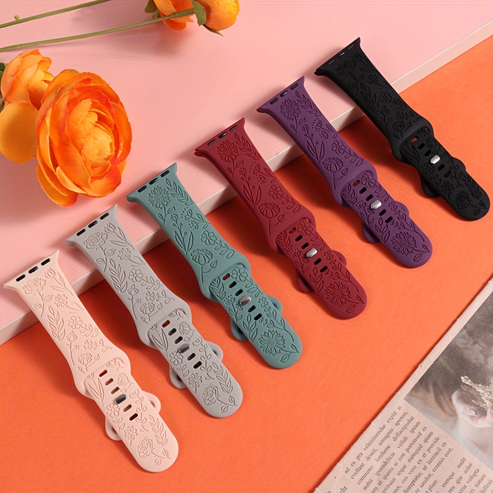 

6 Pack Floral Engraved Bands Compatible With Apple Watch Band 44mm 40mm 38mm 41mm 45mm 49mm 42mm Women, Soft Silicone Cute Sport Strap For Iwatch Bands Series Ultra Se 6 5 4 3 2 1