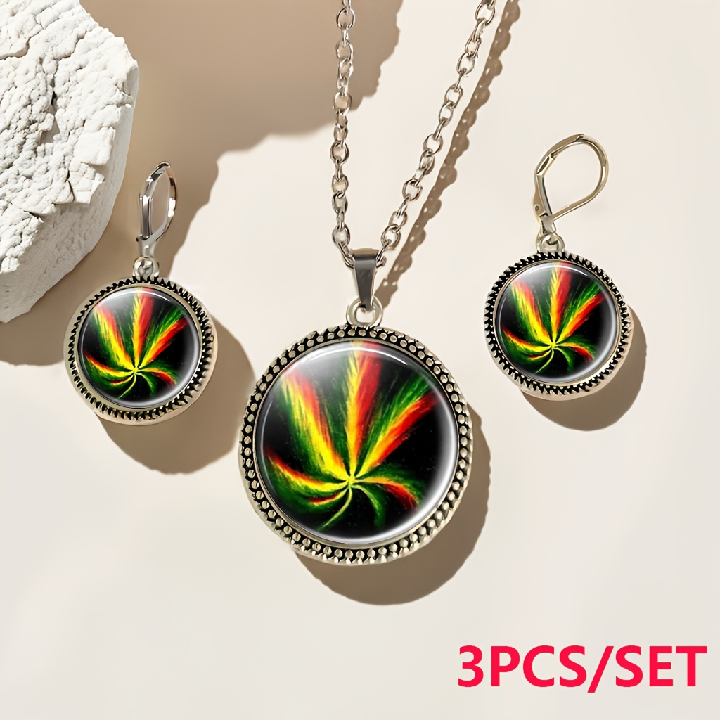 TEMU 3pcs Set (1pc Necklace And 2pcs Earrings, Women's Round Glass Base Jewelry Set), Iridescent Glass Balls With Red, Yellow, Green Shiny And Smooth