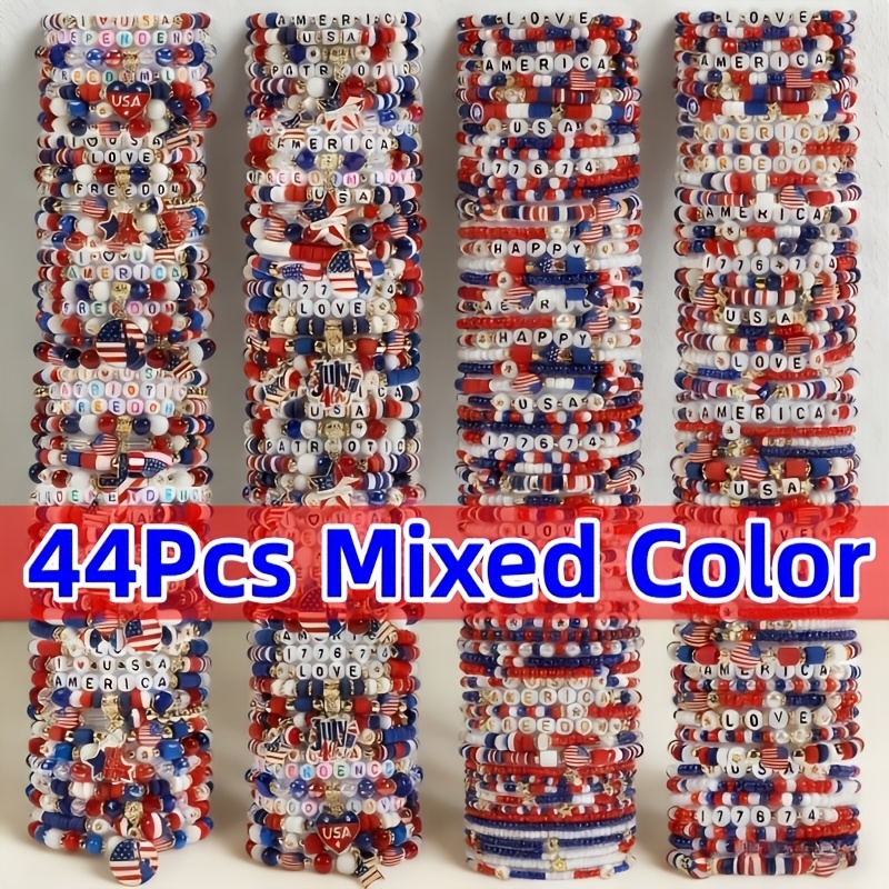 250th Anniversary Usa Flag Bead Stretch Bracelet Set For Women, Red White And Day Elastic Wristband, Elegant And Accessory