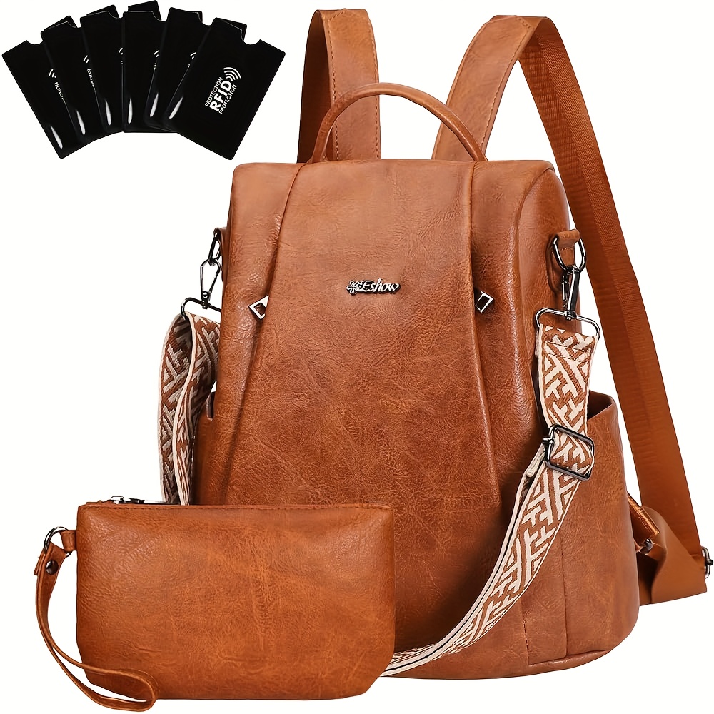 Eshow Women's Backpack, Vegan Faux Leather Backpack, Backpack Set With Small Bag Equipped With Rfid Anti-theft Brush Function, Women's Handbag, Multi-functional, Suitable For Work, School, Commuting