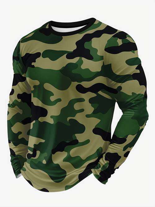 Men s Camouflage Pattern Printed Long-sleeved Round Neck Pullover Summer Casual Fashion Comfortable Sports Long-sleeved Daily Wear