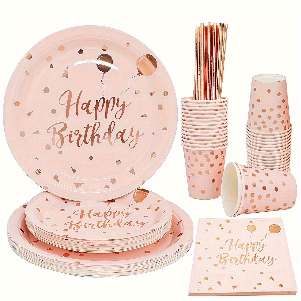 

50pcs Pink Celebration Piece - Disposable Plates & Napkins For Birthdays, Bridal Showers & Weddings, With Elegant Metallic Accents