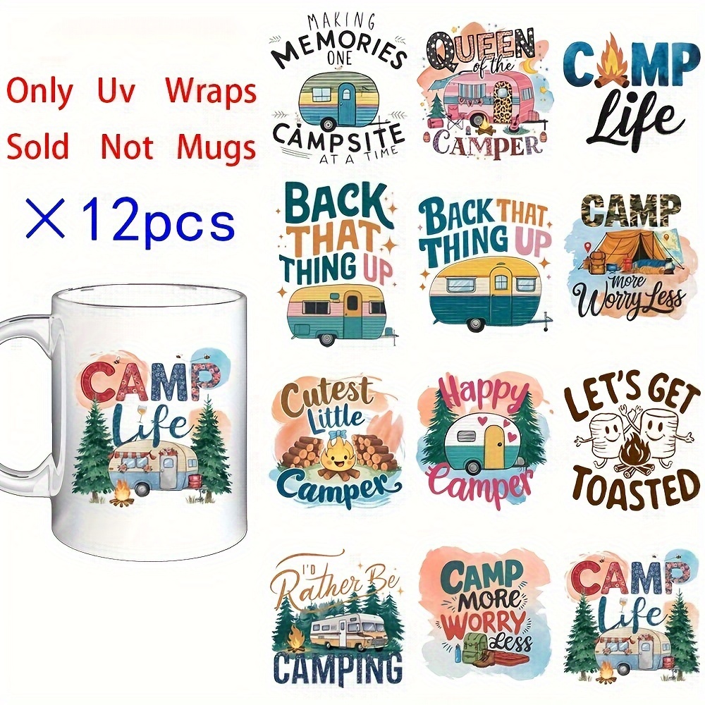 

12pcs Camping Life Vinyl Decals Set, Diy Uv Dtf Transfer Stickers For Mugs - And Outdoor Themes Decorative Adhesive Pack