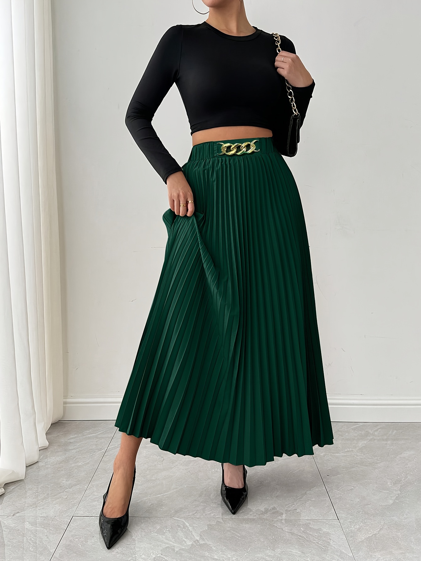 Elegant Women'* Pleated Midi Skirt High Waist, A-Line, Polyester/Spandex  Blend, Machine Washable Spring/Summer/Fall