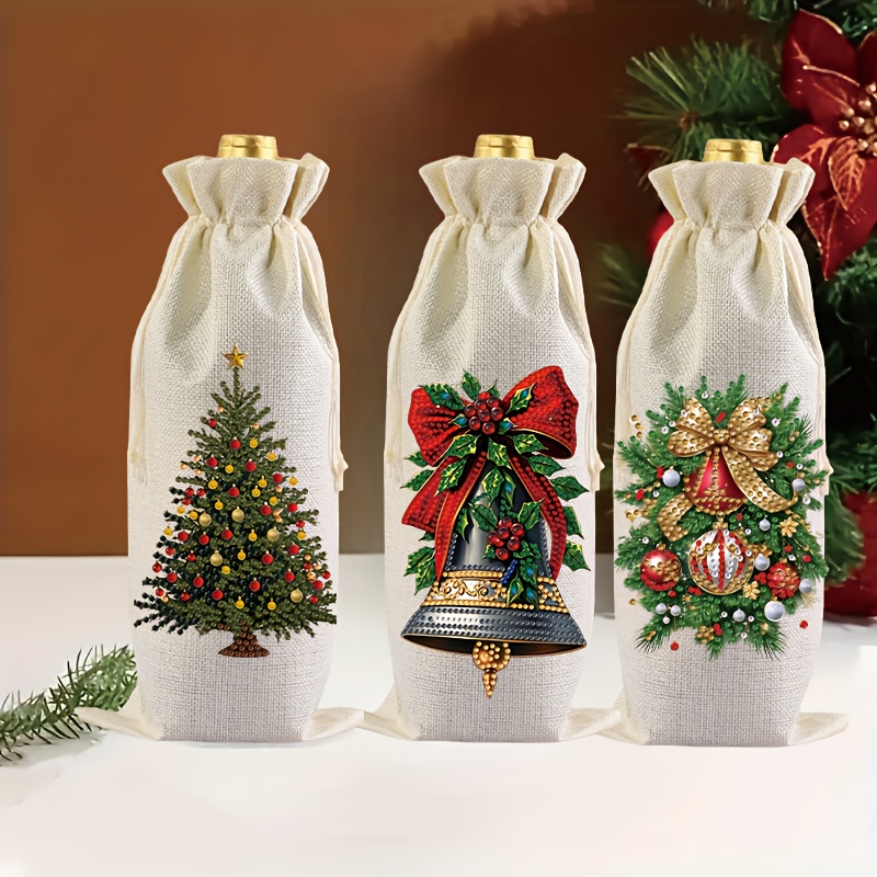 TEMU 3 Diamond Painting Wine Bottle Bags -5d Special Shape Art Linen Wine Gift Bag, Christmas Tree Romantic Design, Suitable For Christmas, Wedding,