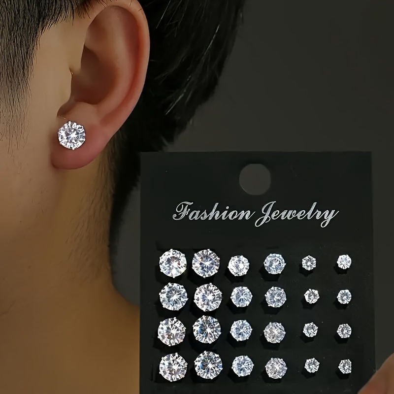 12 Pair Set Square Cubic Zirconia Stud Earrings for Men