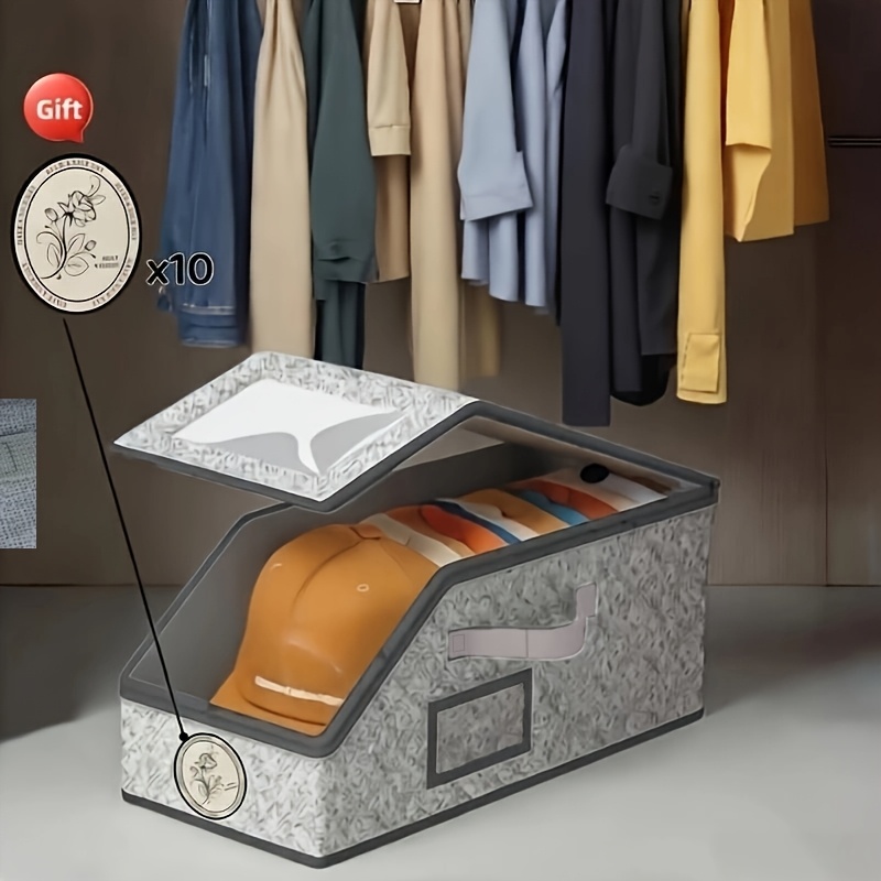 TEMU 2pcs Set (1 Gray Hat Storage Box   1 Self-adhesive Decorative Hd Sticker) Baseball Cap Storage Box, Transparent Window Can Hold 12 Hats,