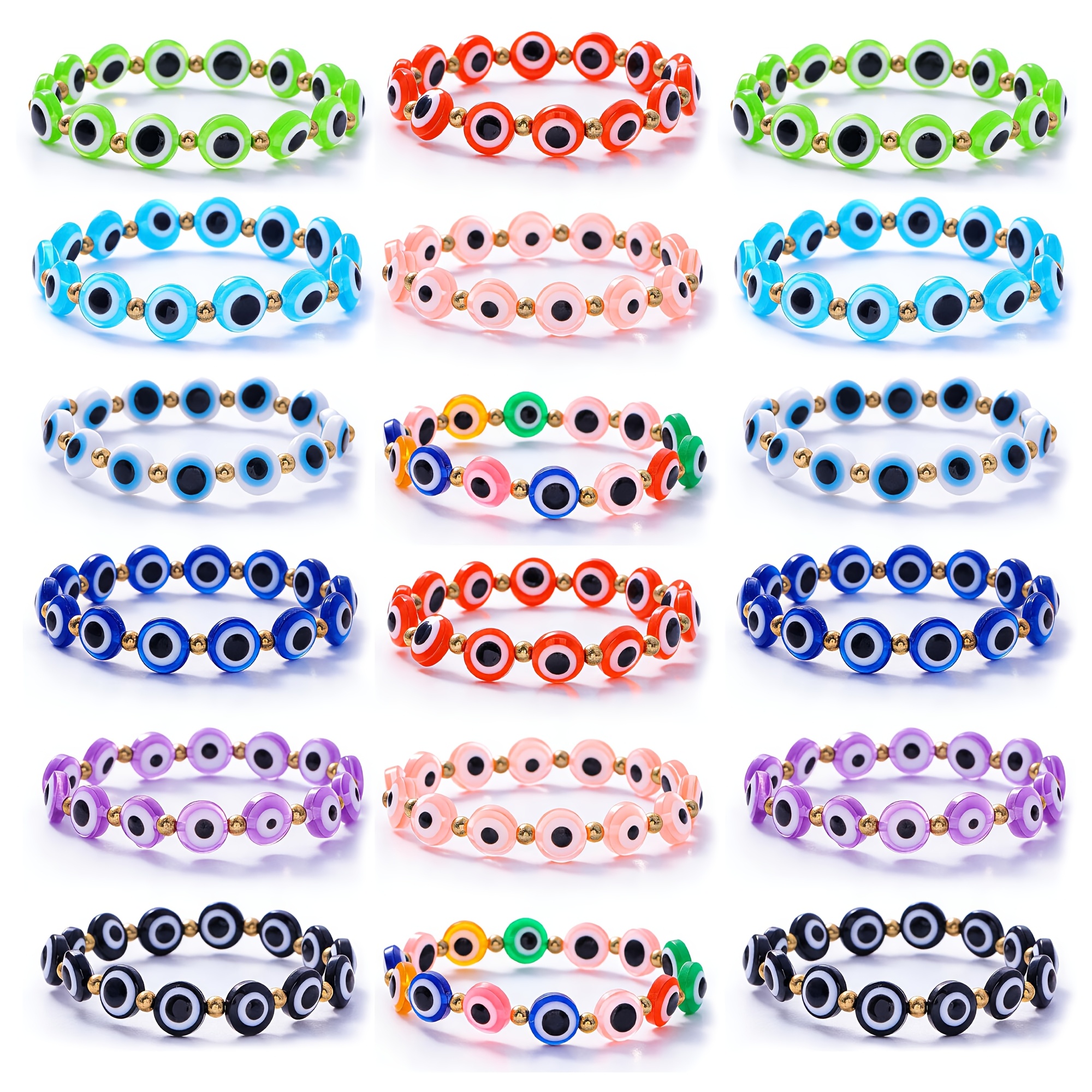 Devil's Eye Multi-Color Bead Elastic Bracelet, 18 Pieces