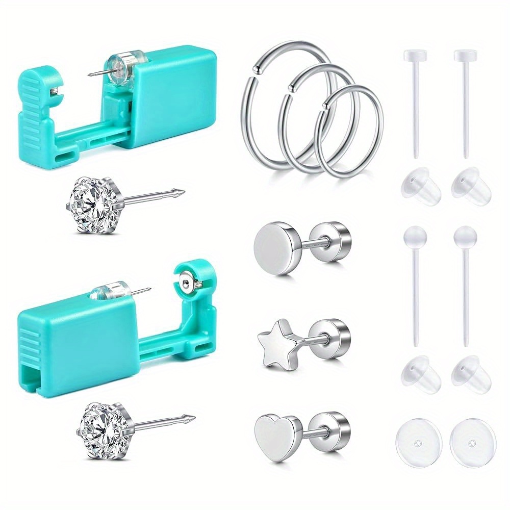 TEMU 12pcs Earrings Piercing Set, With 2pcs Silicone Gasket, Cute Style Ear Studs, Helix Cartilage Tragus Earrings Helix Studs, Ear Piercing Jewelry For Women For Daily, Party