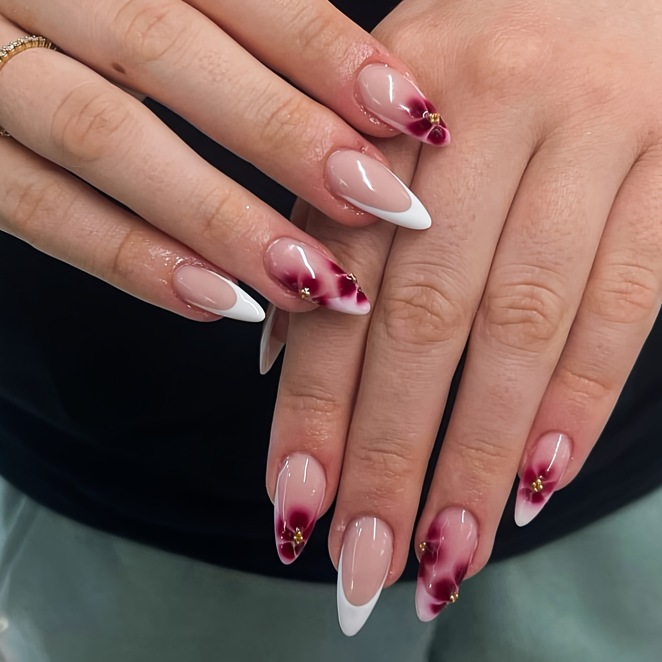Image of 10pcs Of Pure Handmade Almond-shaped Reusable Nail Tips, French Style With Rose Red Flower Gradient And Golden Small Steel Beads Decoration, High-end Luxurious And Minimalist False Nails