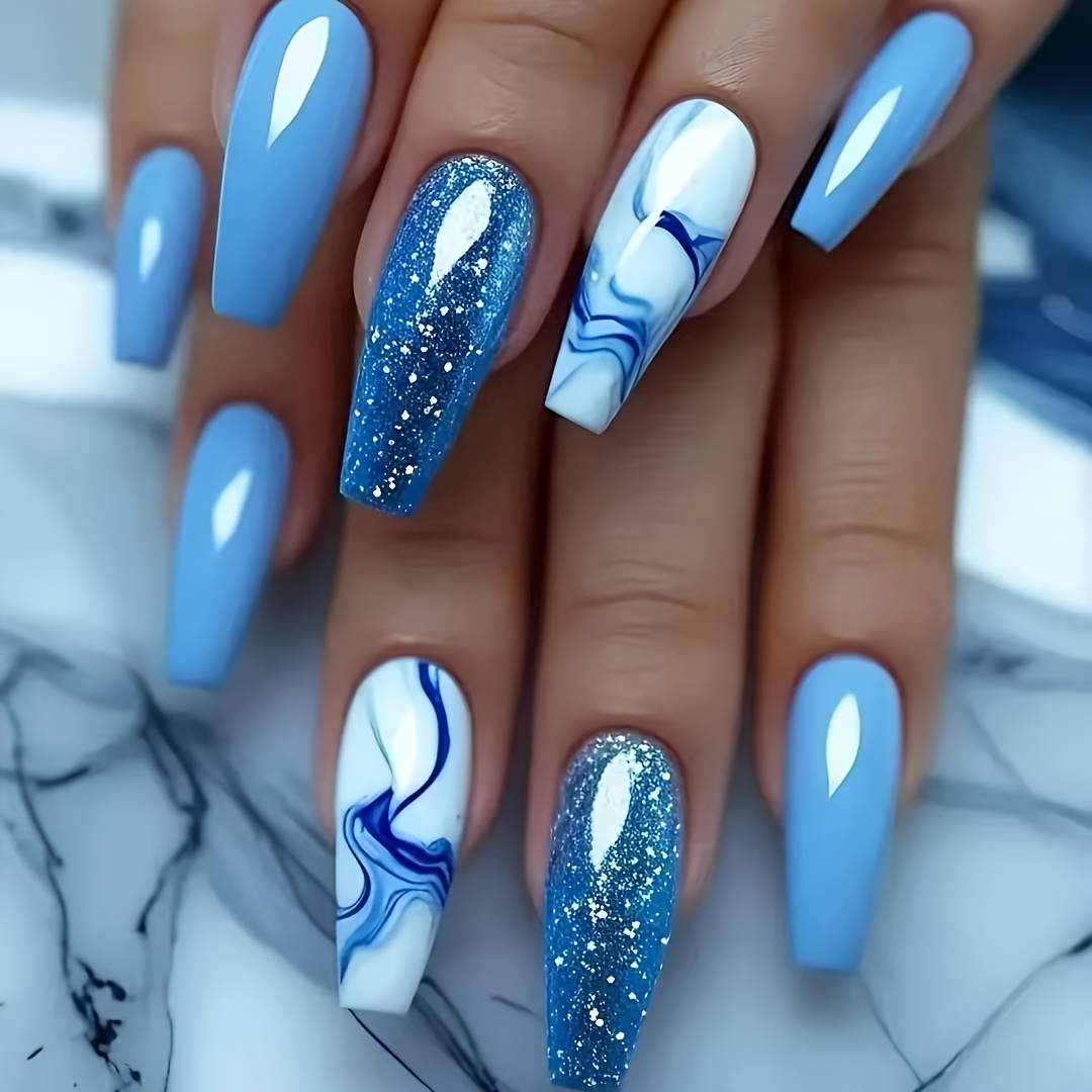 TEMU 24pcs Faux Ongles à Coller, , , Blanc et Autres Couleurs, avec des Éléments de Texture Marbrée et Paillettes Argentées Fines, Ongles de Ballet
