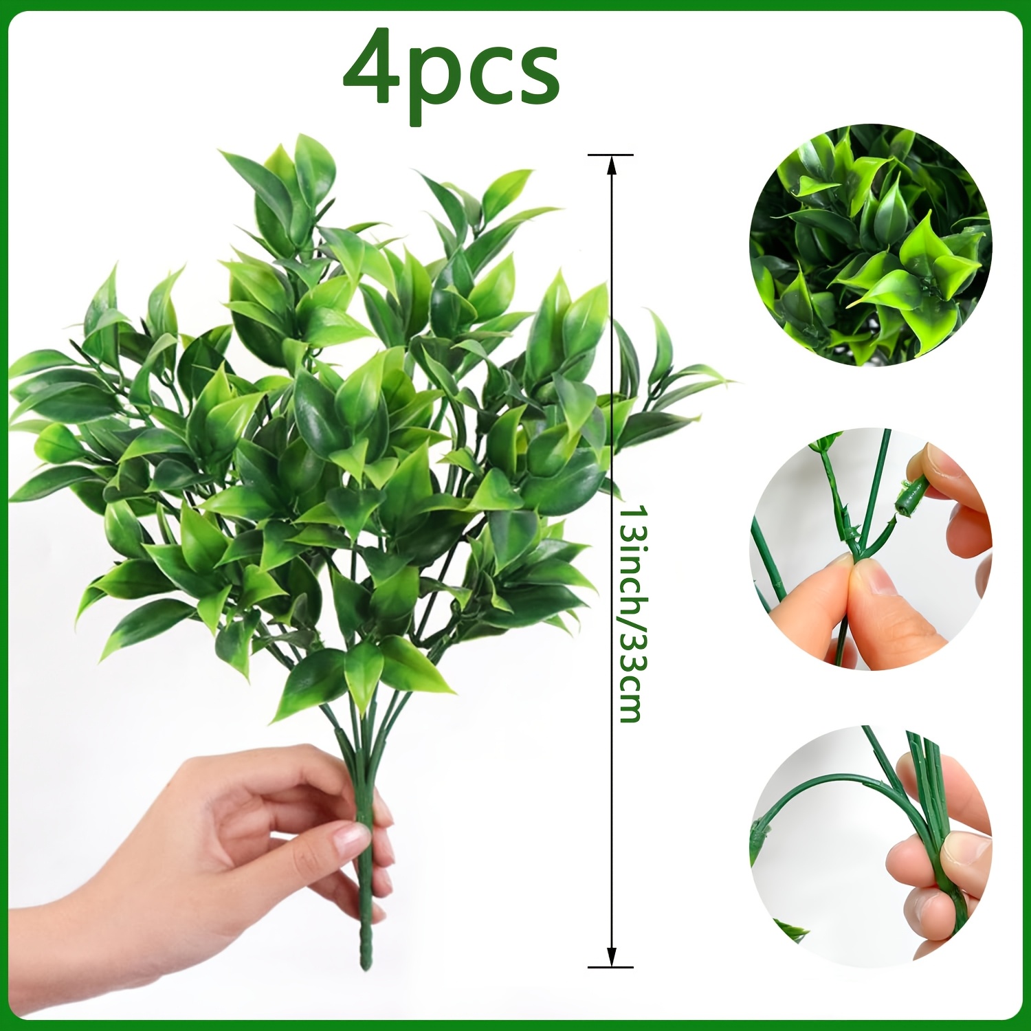 4pcs Lifelike Artificial Greenery Bundles, 13" Tall - Plastic, Odorless Shrubs For Home, Wedding, Kitchen Decor - Versatile Indoor & Outdoor Use, No Maintenance Required