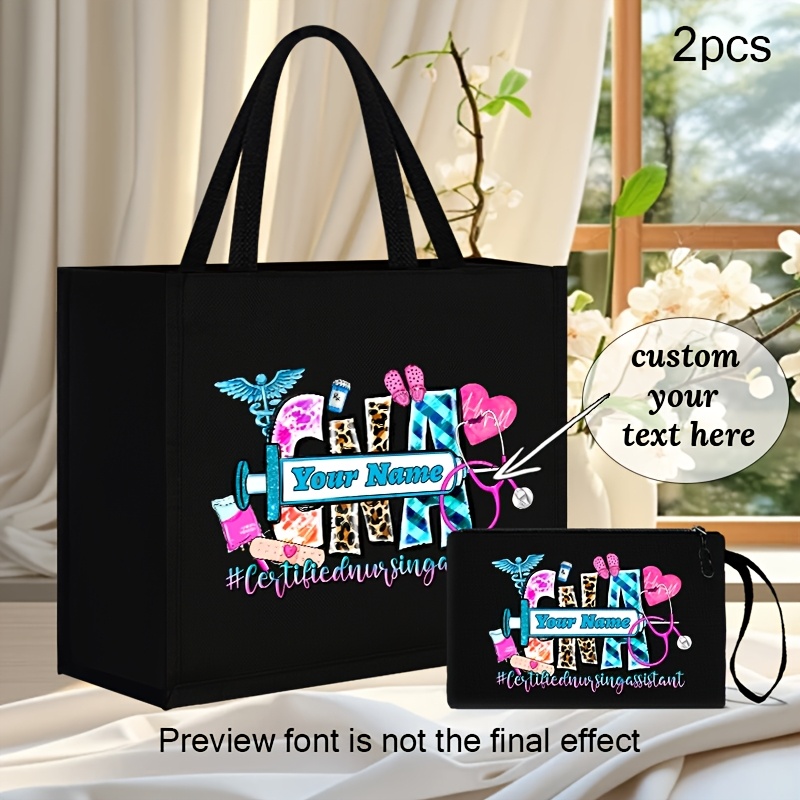 

2pcs Customizable Cna Theme Tote Bag Set, Black Fabric, With Fixed Shoulder Strap, Washable Lining, Printed Design With Personalized Text Option, For Travel, Beach With Makeup Pouch