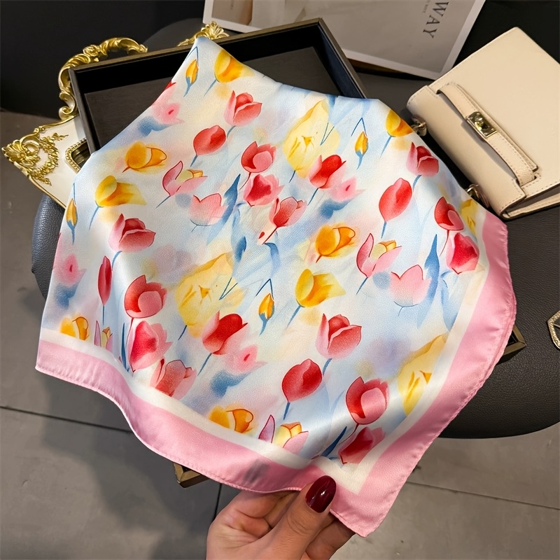 TEMU Foulard in poliestere con stampa di tulipani 70X70 cm, foulard decorativo, sciarpa quadrata professionale da donna stampata, senza elasticit�,