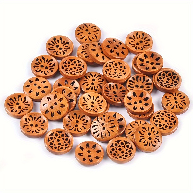 

50 Pcs 1.8cm Light Brown Wooden 2-hole Flower Carved Buttons For Diy Sewing, Crafts, And Clothing Accessories