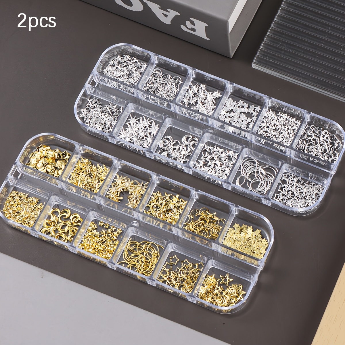 TEMU 12 Grids Silvery Golden Metal Nail Ornaments Stars Moon Heart Rivets Nail Art Decorations 3d Alloy Nail Jewelry For Manicure Diy Art Decorations