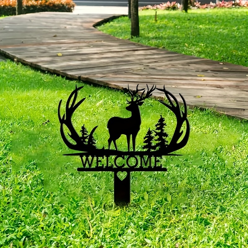 Image of 1pc Iron Deer Silhouette Welcome Sign - Metal Forest Deer Artwork, Welcome Yard Stake, Rust-resistant Garden Decor, Hunting Memorial Landscape, Style Lawn Ornament
