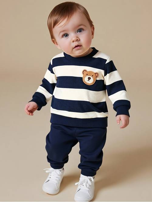 baby jongen herfst winter kleurblok gestreept ronde hals velvet lange mouw sweatshirt en broek set, met schattige beer zhangzai, geschikt voor jongens om buiten te in de herfst winter, comfortabele stof, modieuze en leuke set, voor buiten