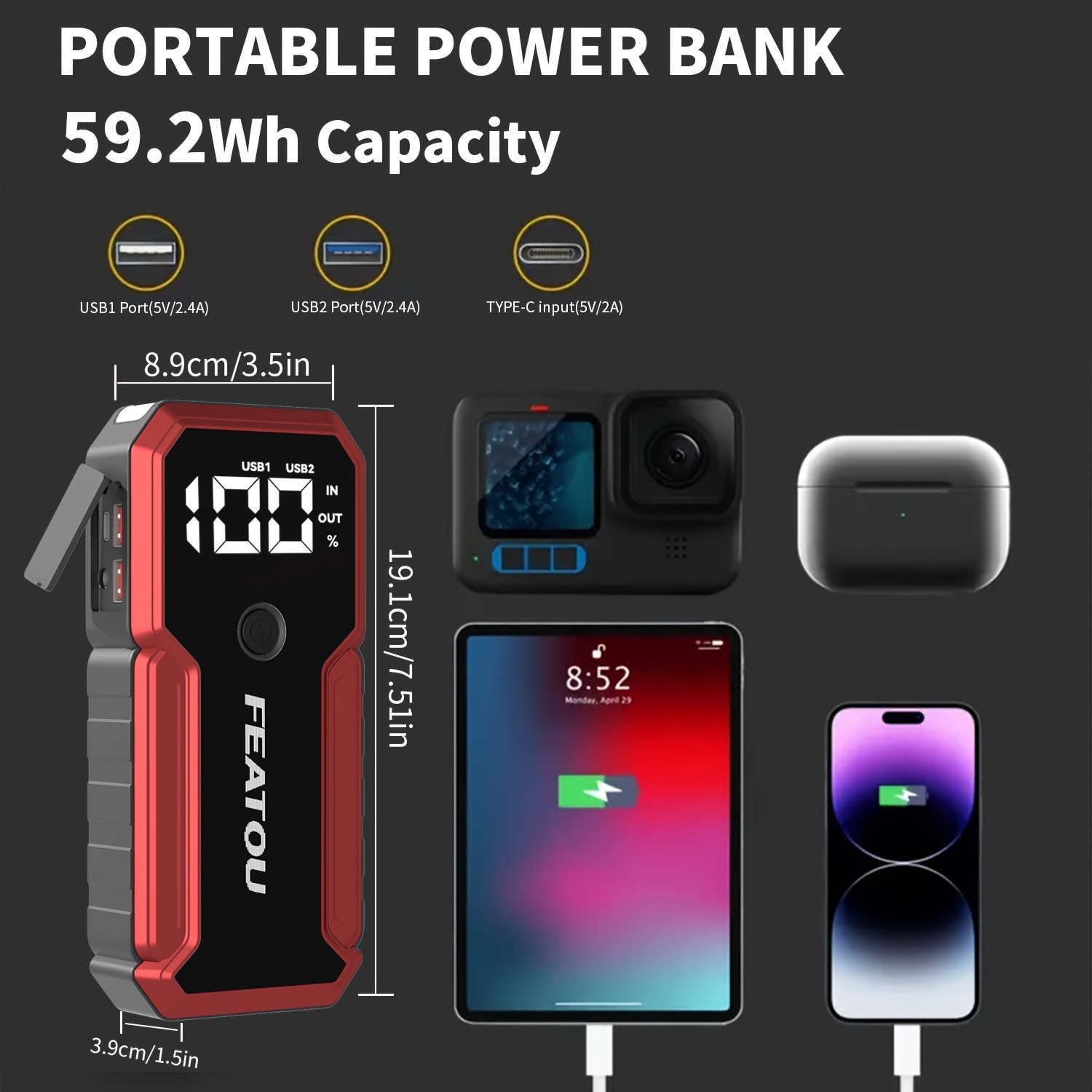   portable car starter 5000a   battery jump starter car battery jump box car battery charger 12v portable car starter suitable for 8 5l gasoline and 7 0l   cars with usb   bank function and led flashlight Product details 1