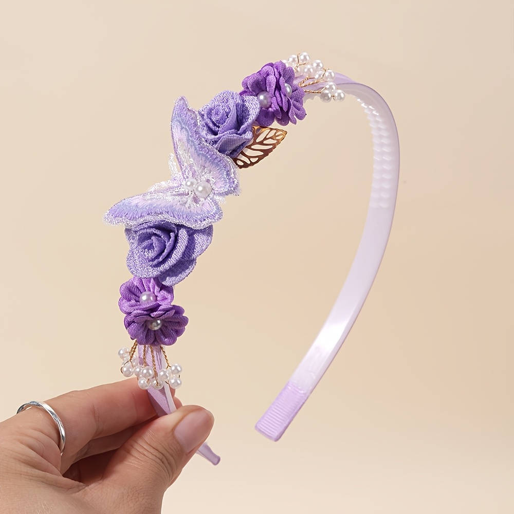 TEMU 1pc Purple Floral Headband For Women Rose Hair Hoop With Tassel & Accents Elegant Hair Accessories Ideal For Wedding Guest Garden Parties Formal