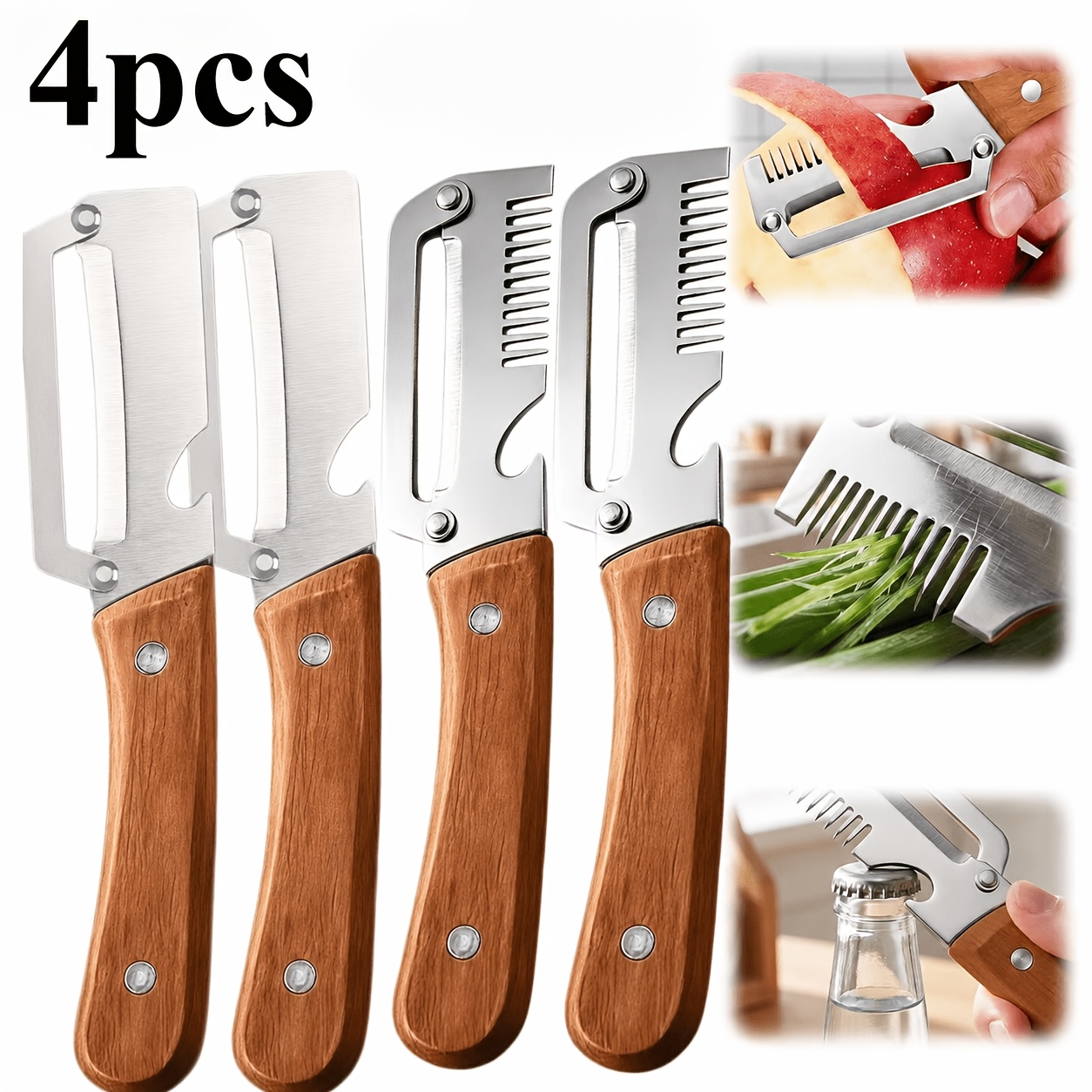 TEMU 4pcs Set 2026 Upgraded Wooden Handle Vegetable Peeler, Stainless Steel Wide Blade Peeling Knife For Potato & Carrot, 3-in-1 Multifunctional Tool