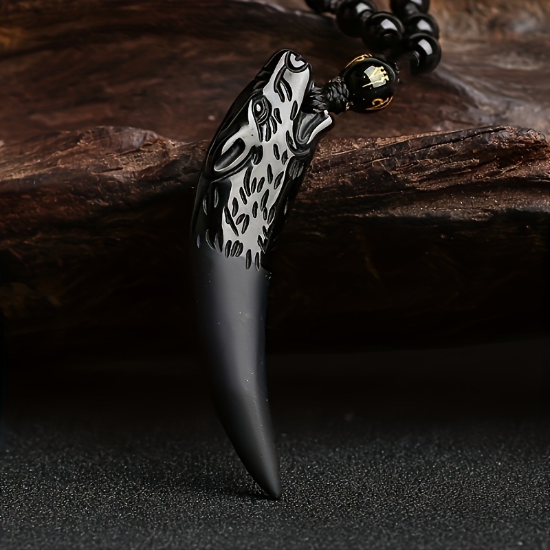 Men's And Women's Natural Obsidian Stone Bead Rope Necklace With Wolf Tooth Pendant