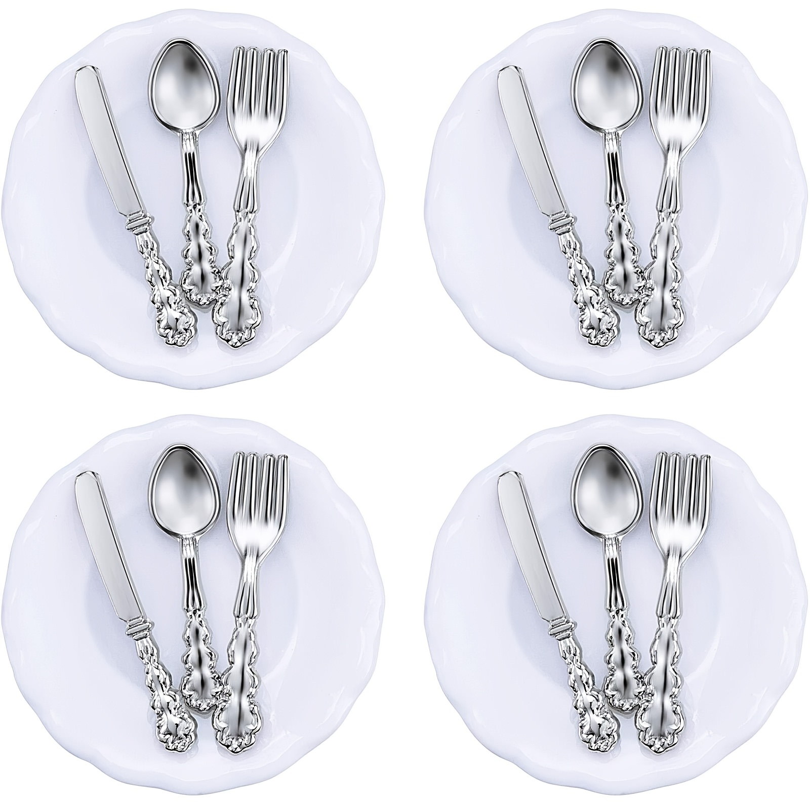 

4pcs 1:12 Scale Miniature Dollhouse Plates And 12pcs Of Metal Cutlery Including Spoons, Knives, And Forks, A Miniature Porcelain Plate Set For Dollhouse Decoration.