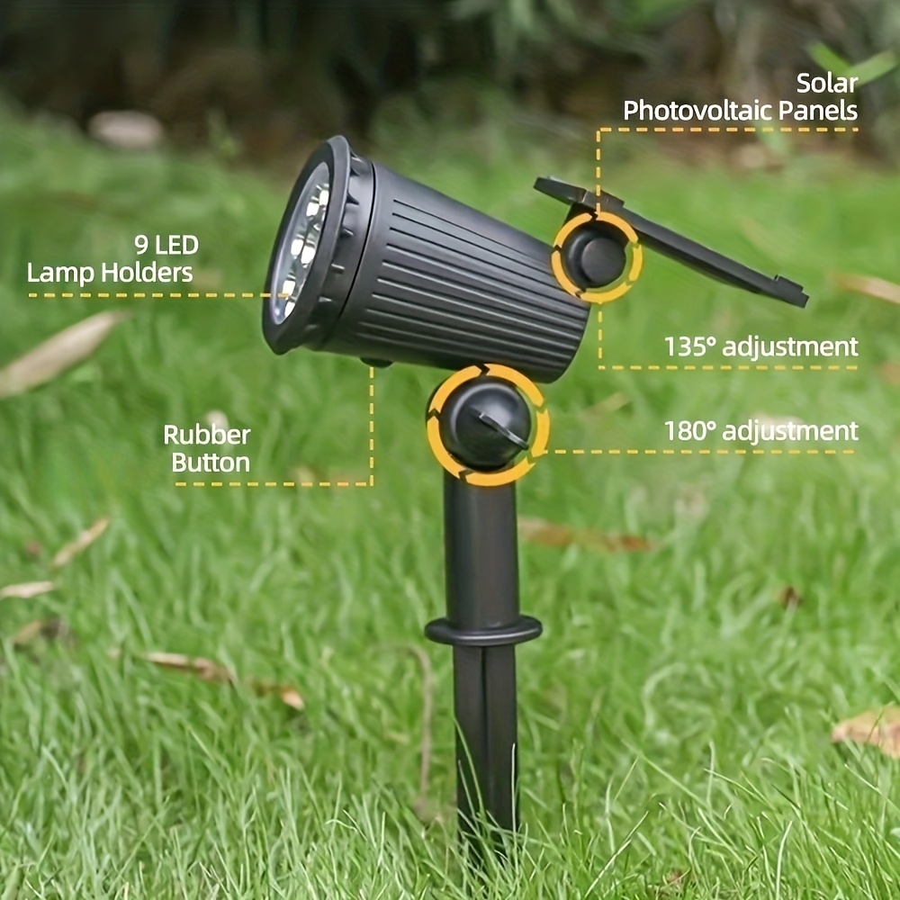 2 luces solares de punto LED de 9 LED, IP65 RGB de brillo ajustable para exteriores, luces de paisaje para jardín, camino, patio, árboles, entrada de vehículos, patio, césped y decoración de calles, luz solar