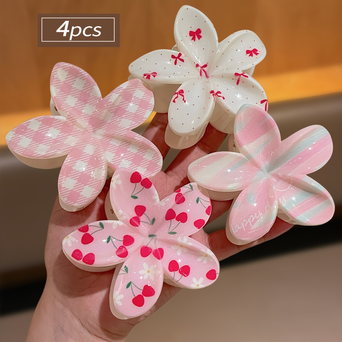 TEMU 4pcs Women's 4 Styles Floral Printed Hair Clips Bow Egg Flower Claw Clips Sweet All-match Non-damaging Updo Shark Clips Women Hair Additions