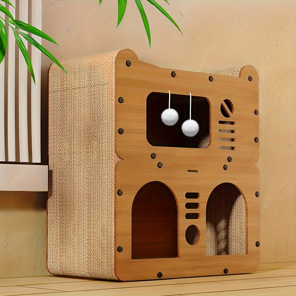 

Deluxe Double-layer Cat Condo With Scratching Pad & Hanging Balls - Sturdy Wood Construction