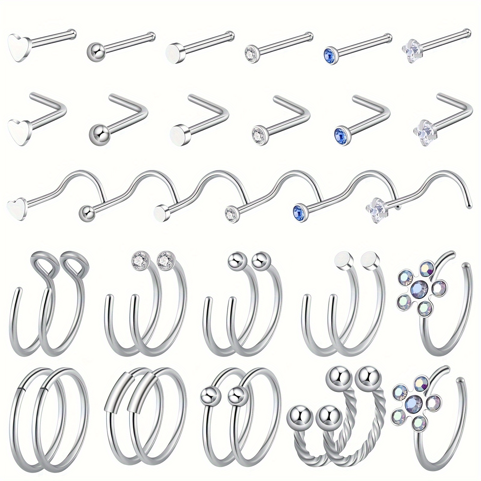 

36 Pieces 20g Ladies Nose Ring Jewelry Nose Ring Clamp L-shaped Nose Stud Screws Hypoallergenic Nostril Surgery Stainless Steel Nose Ring Studs Ladies Men