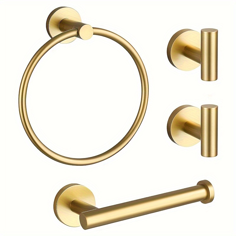 A Set Of 4 Towel Bars Includes A Toilet Paper Holder, A Towel Ring, And 2 Towel Hooks, Stainless Steel Wall-mounted Bathroom Accessories Set In Golden Color.