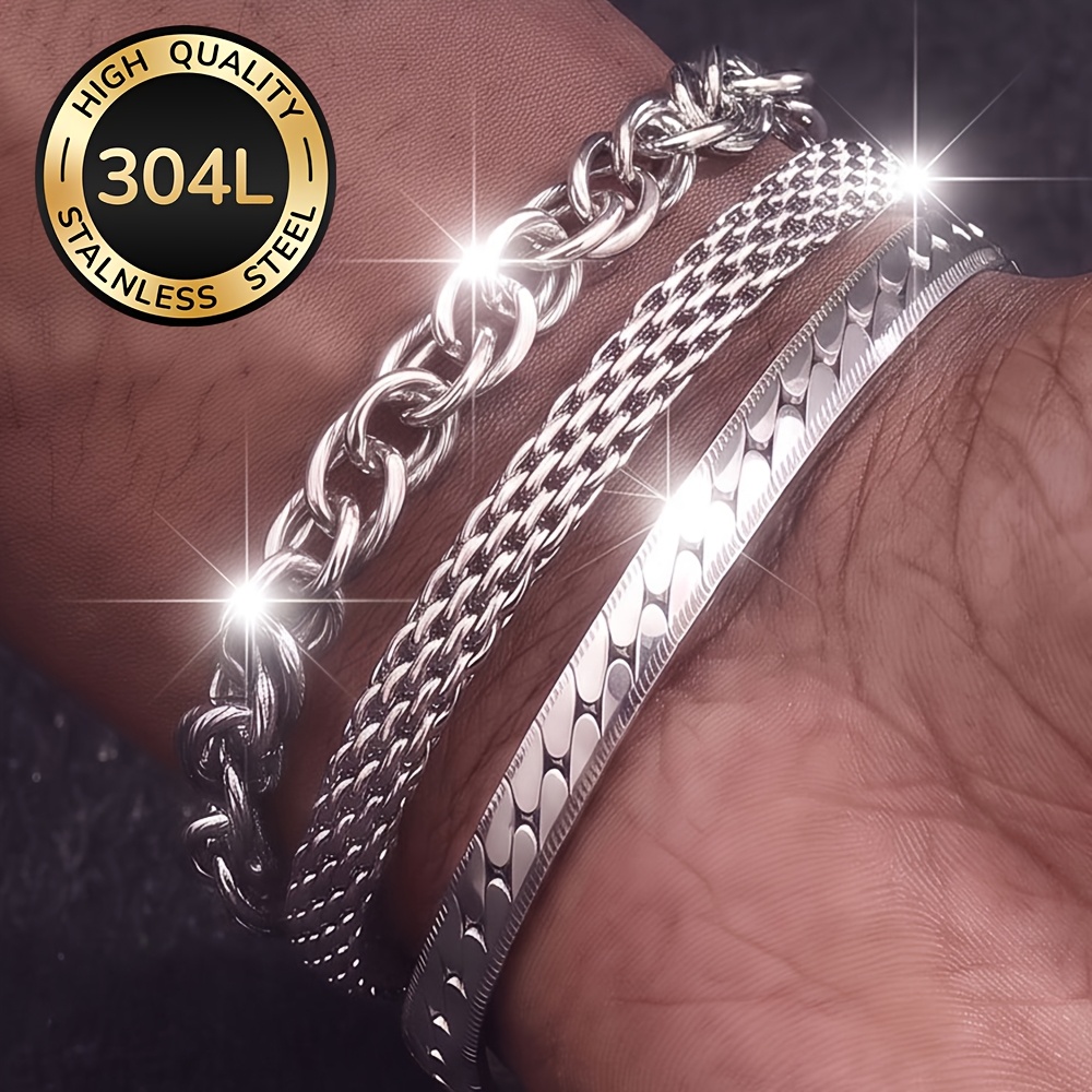 TEMU Lot de 3 bracelets en acier inoxydable 304L de haute qualité, faciles à et tendance, parfaits pour , accessoire de mode, idéal pour les loisirs