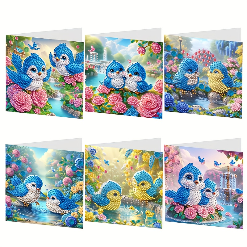 TEMU 6pcs Diy Diamond Painting Card Kits - Handmade Sparkling Bird Pattern, Round Diamonds, Vibrant Bouquet Art For Birthdays, Holidays, Weddings &