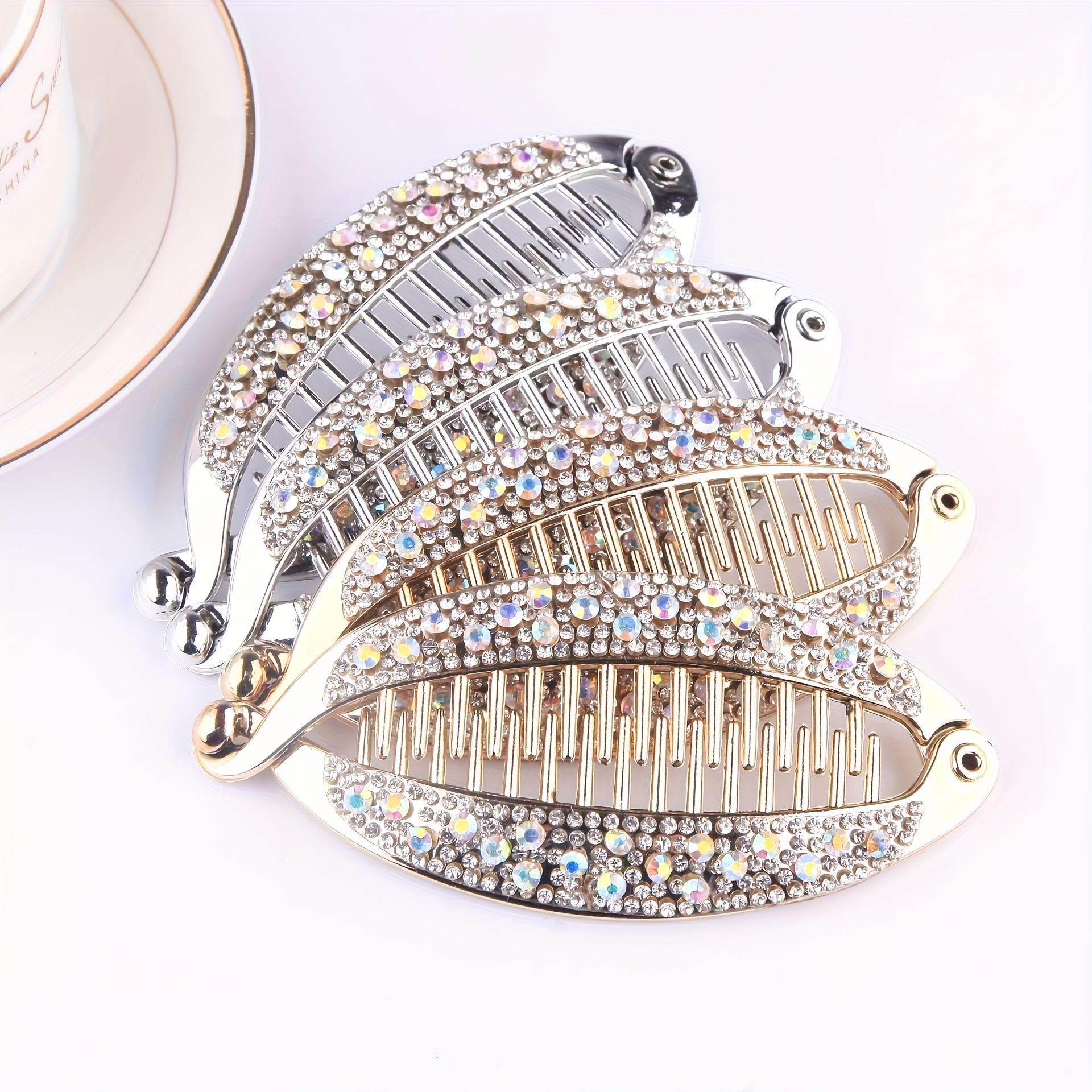 

2pcs Sparkling Rhinestone Embellished Banana Hair Clips, Moisturizing Effect, Design, Hold Hair Grips For Normal Hair Types - Women's Elegant Hair Accessories