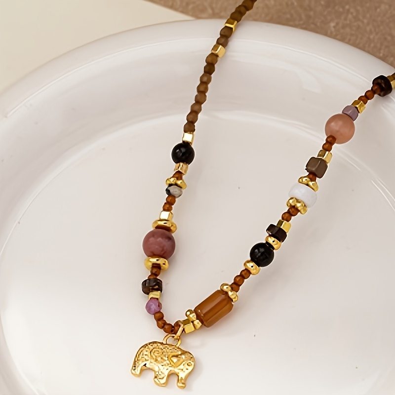Women's Elegant Retro Bead Golden Elephant Necklace