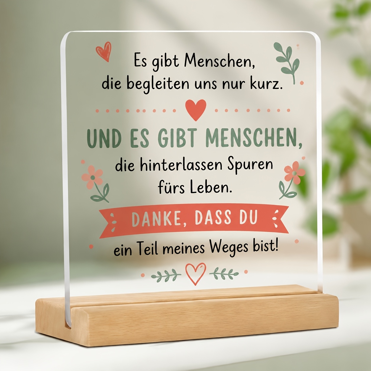 Image of 2d Flat, German Friendship Thank You Quote Acrylic Standee With Wooden Base, Heart Illustration Desktop Decoration, Gift For /colleagues