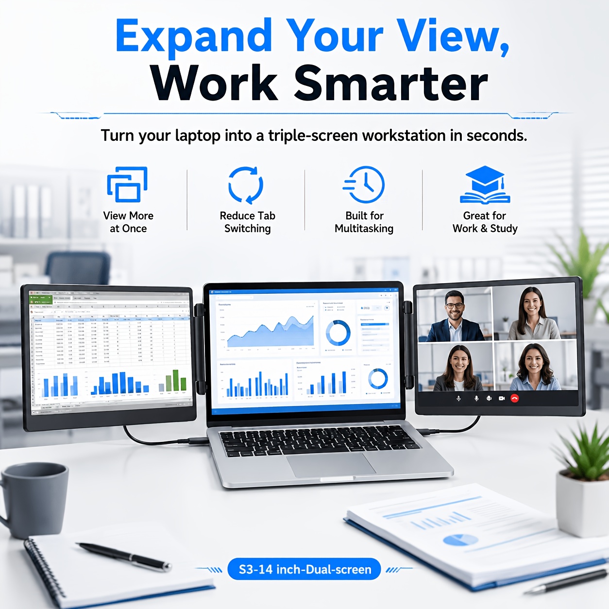 Laptop Screen Extender 14 / 15.6 Inch Dual Screen Portable Monitor, 1080P FHD IPS Screen, 178° Wide Viewing Angle, High Color Gamut, Plug And Play Three-Screen Expansion, Widely Compatible, USB-C/HDTV Video Output, Foldable External Monitor