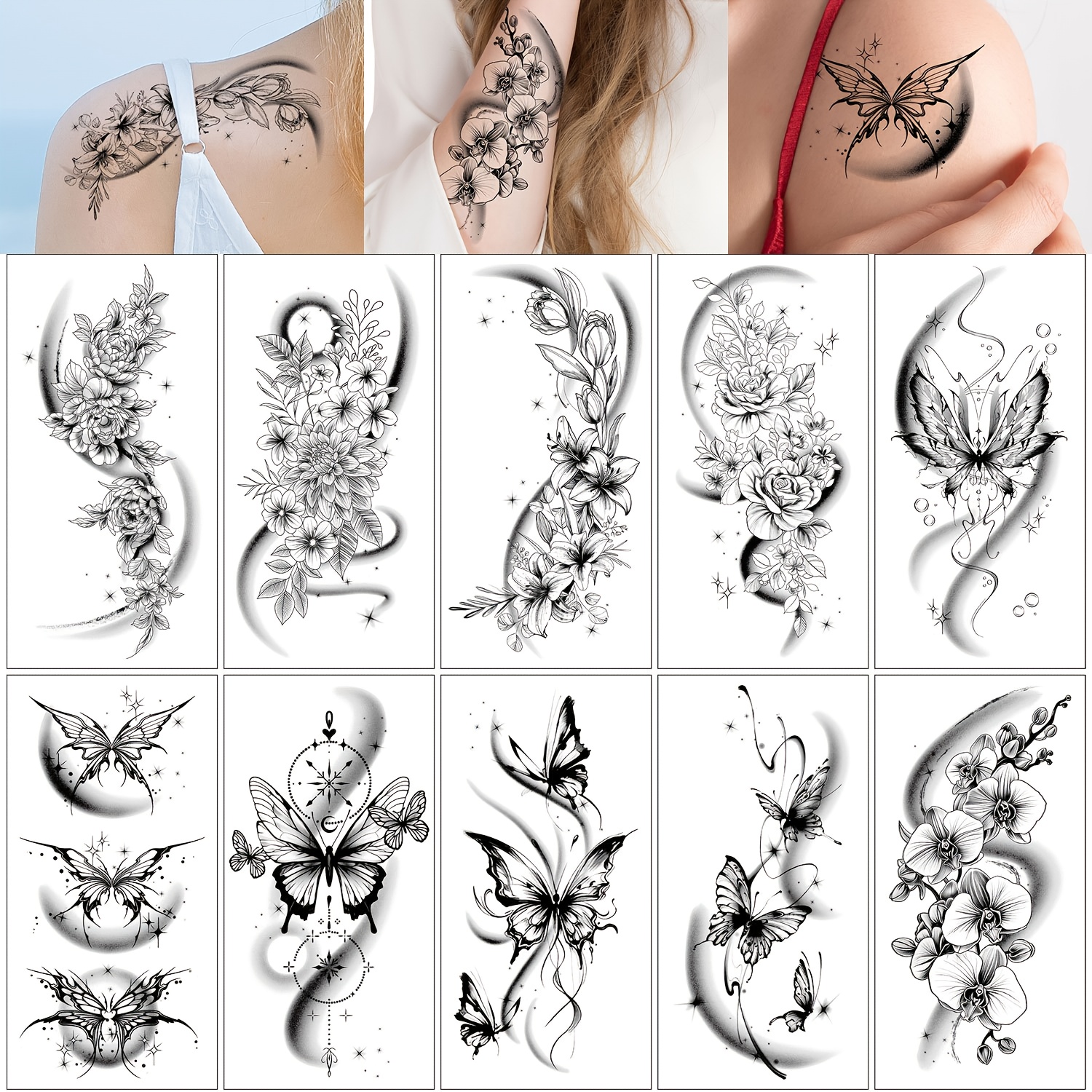 Image of 10 Sheets Semi-sleeve Black Floral Temporary Tattoo Stickers For Women, Floral Moon Patterns, Waterproof Realistic, Body Arm Fake Tattoo Stickers, Suitable For Party Temporary Makeup