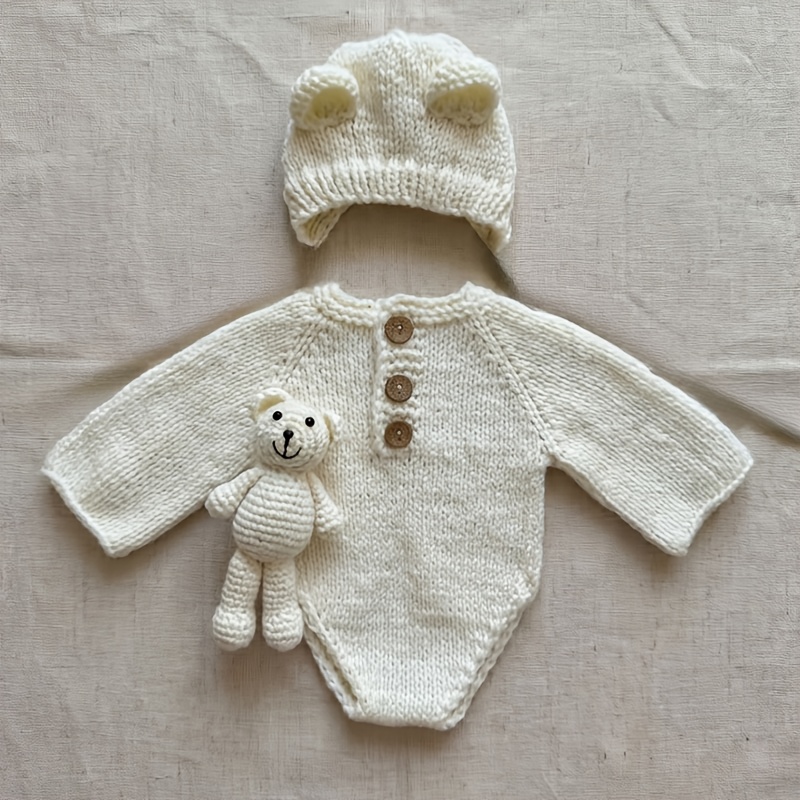 3pcs Handcrafted Knitted Photography Set | Hat, Bodysuit, And Bear - Cute Creative Cartoon Outfit