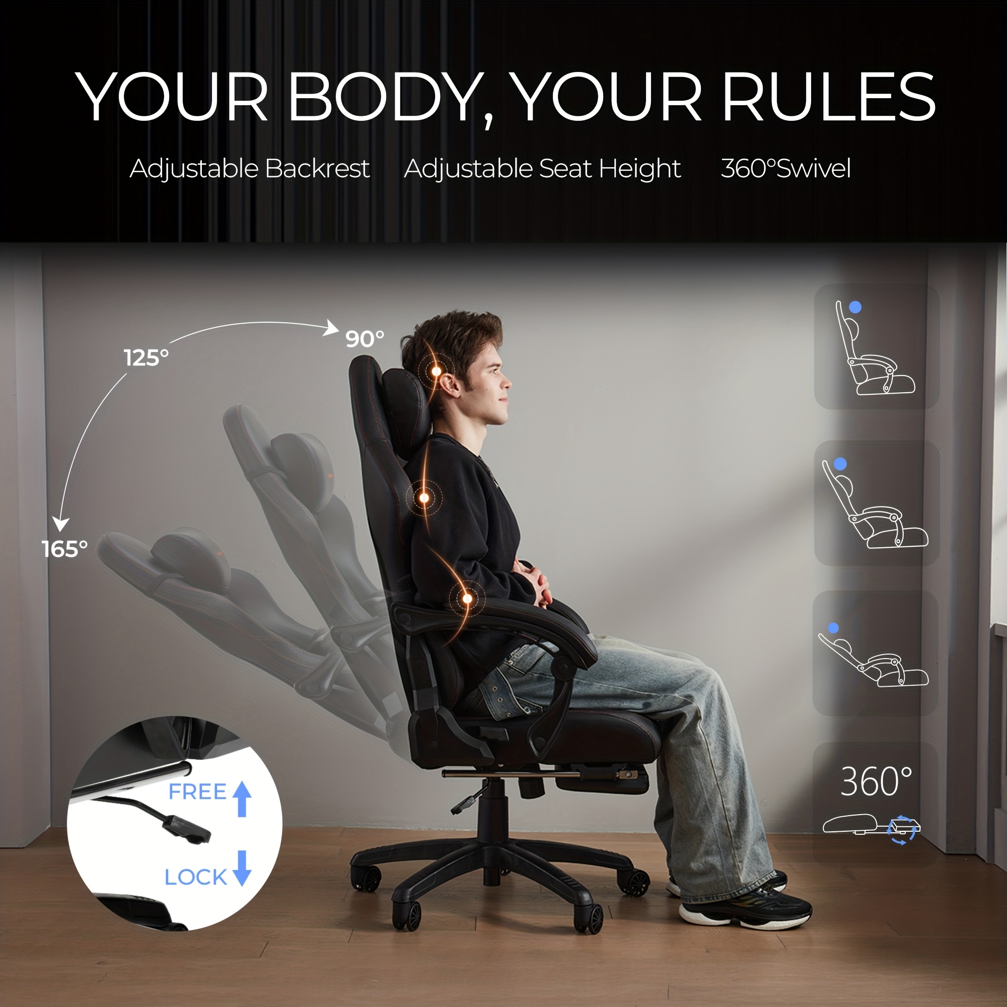 Gamingstoel in race-stijl met lendensteun en een gewichtscapaciteit van 181,44 kg - Ergonomische bureaustoel met hoge rugleuning, verstelbare voetensteun en 360° draaibare computerstoel, gemaakt van premium zwart voor ultiem gaming-/werkcomfort