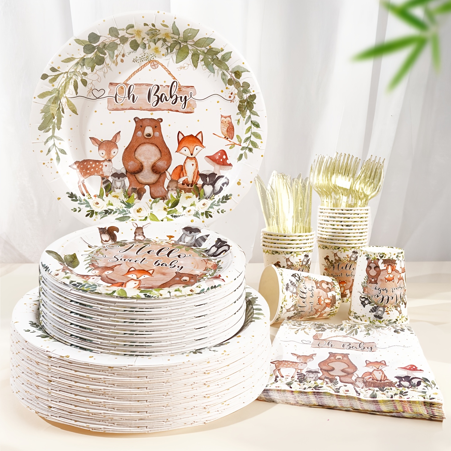 TEMU 120pcs Forest & White Watercolor Party Supplies Suitable For 20 Guests - Pet-coated Disposable Plates, Cups, Napkins, Knives & Forks - Tableware