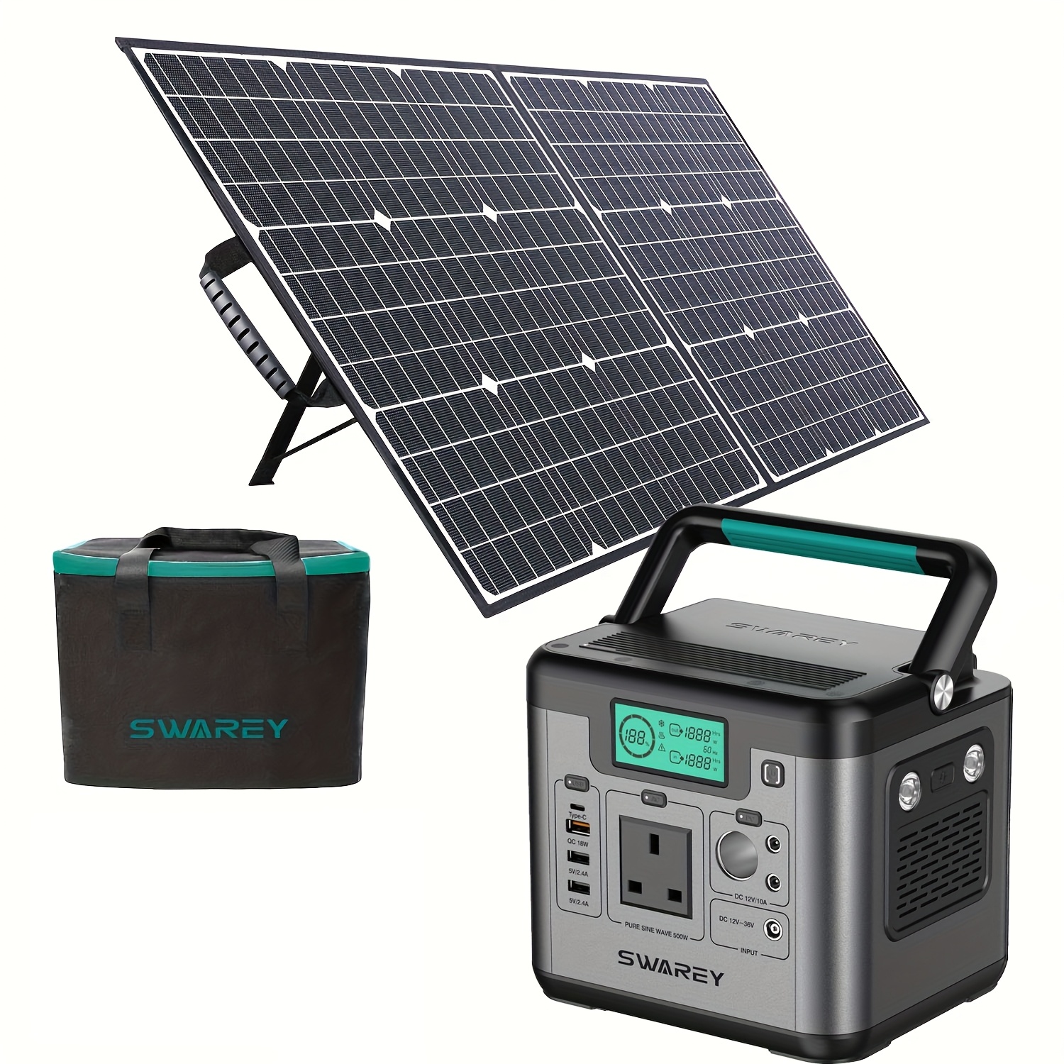 TEMU Swarey Portable Power Bank With 100w Solar Panel, Power Station 518 Wh, Solar Generator 500w Ac Output, 65 W Usb-c Port, Power Generator Battery
