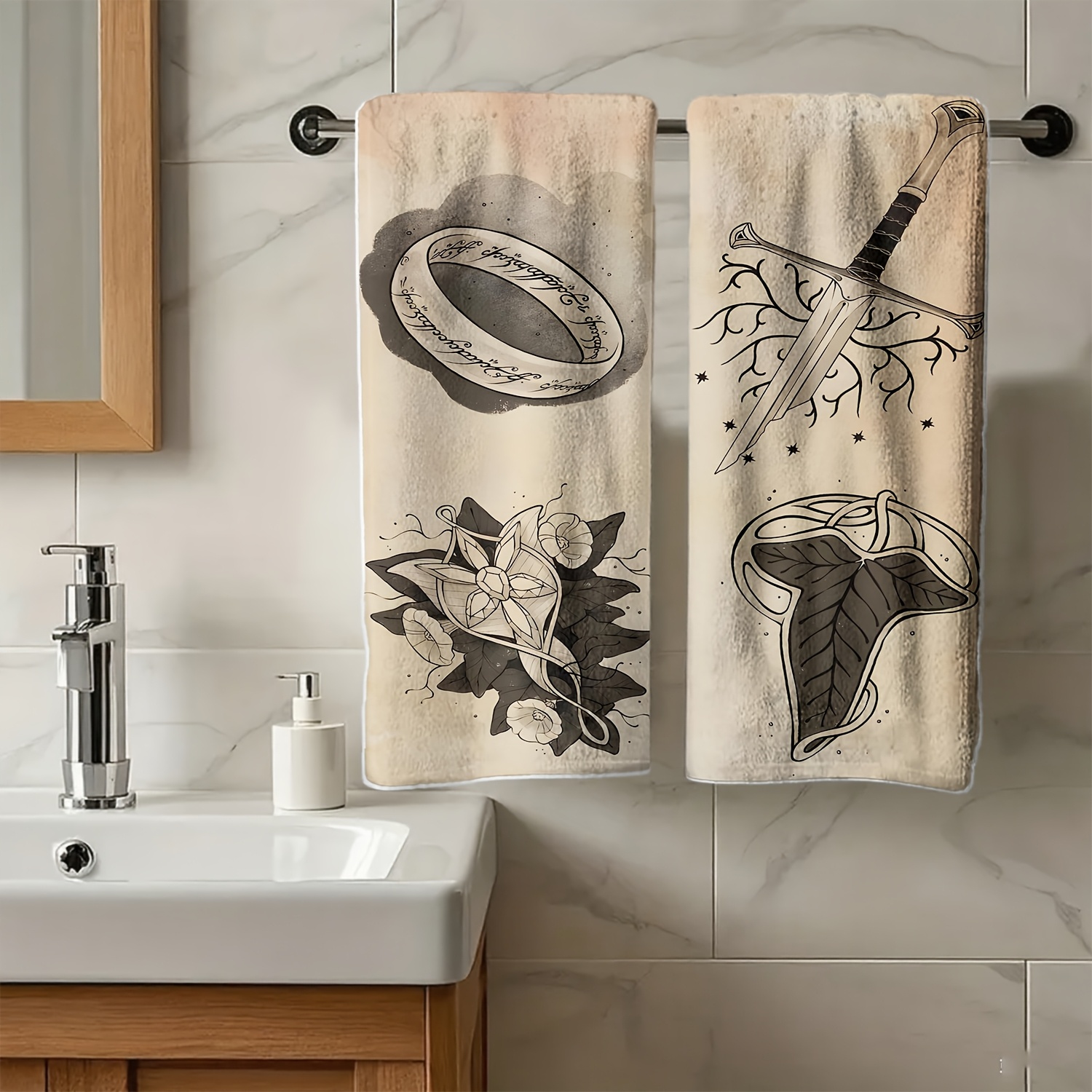 TEMU 2pcs ( .) The , Sword And Mystical Theme Towel Set, Face Towel And Hand Towel, Ideal For Facial Cleansing, Bathroom Decor, Kitchen Use,