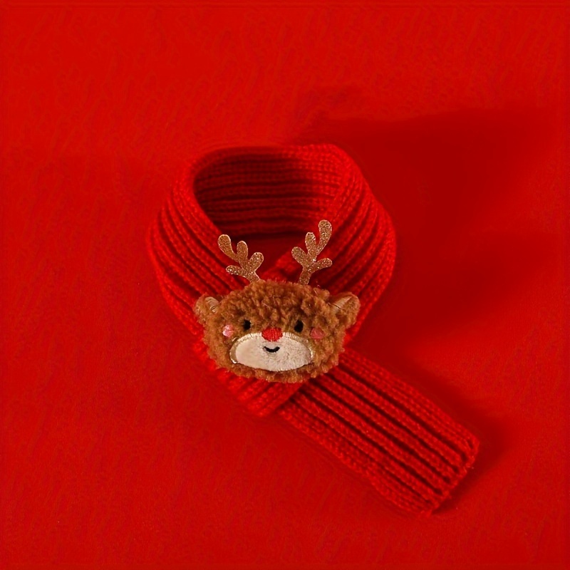 TEMU Cozy Knit Christmas Pet Scarf & Hat Set - Festive Red With Cartoon Reindeer & Snowman Design For Cats And Small Dogs