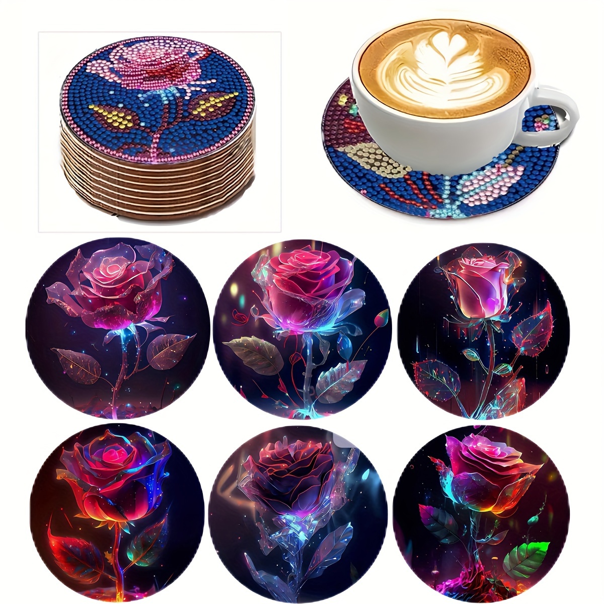 

6-piece Set Diy Coaster Kit With Floral Patterns, Handmade Diamond Embroidery Cup Mats, Creative Craft Mosaic Making Set, Wooden Material, Gift Idea Without Stand