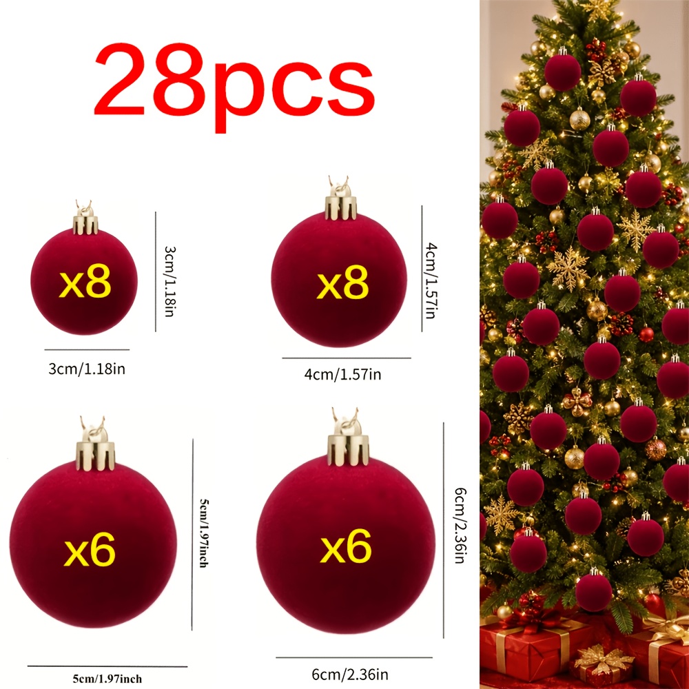 TEMU 28pcs Burgundy Velvet Christmas Balls, 4pcs Sizes 3cm/4cm/5cm/6cm, Multi-quantity Matching, Home Decoration Tree Ornaments - For Halloween,